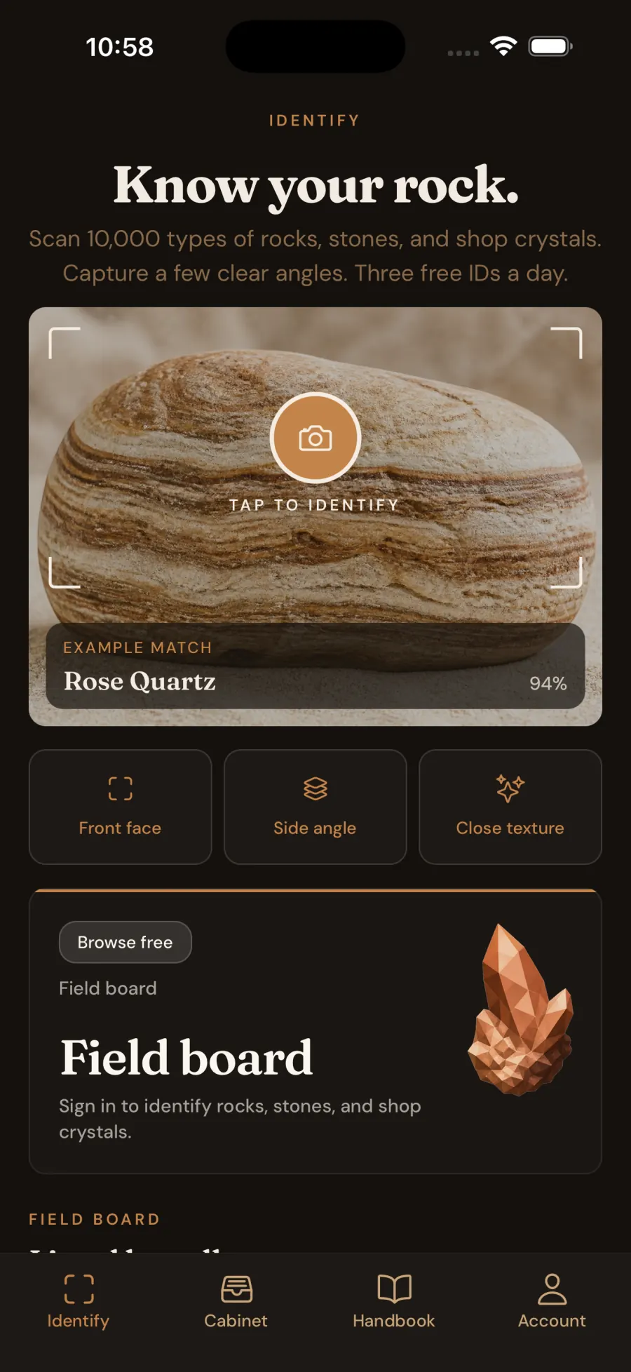 RockID Identify on iPhone — tap to identify a banded stone