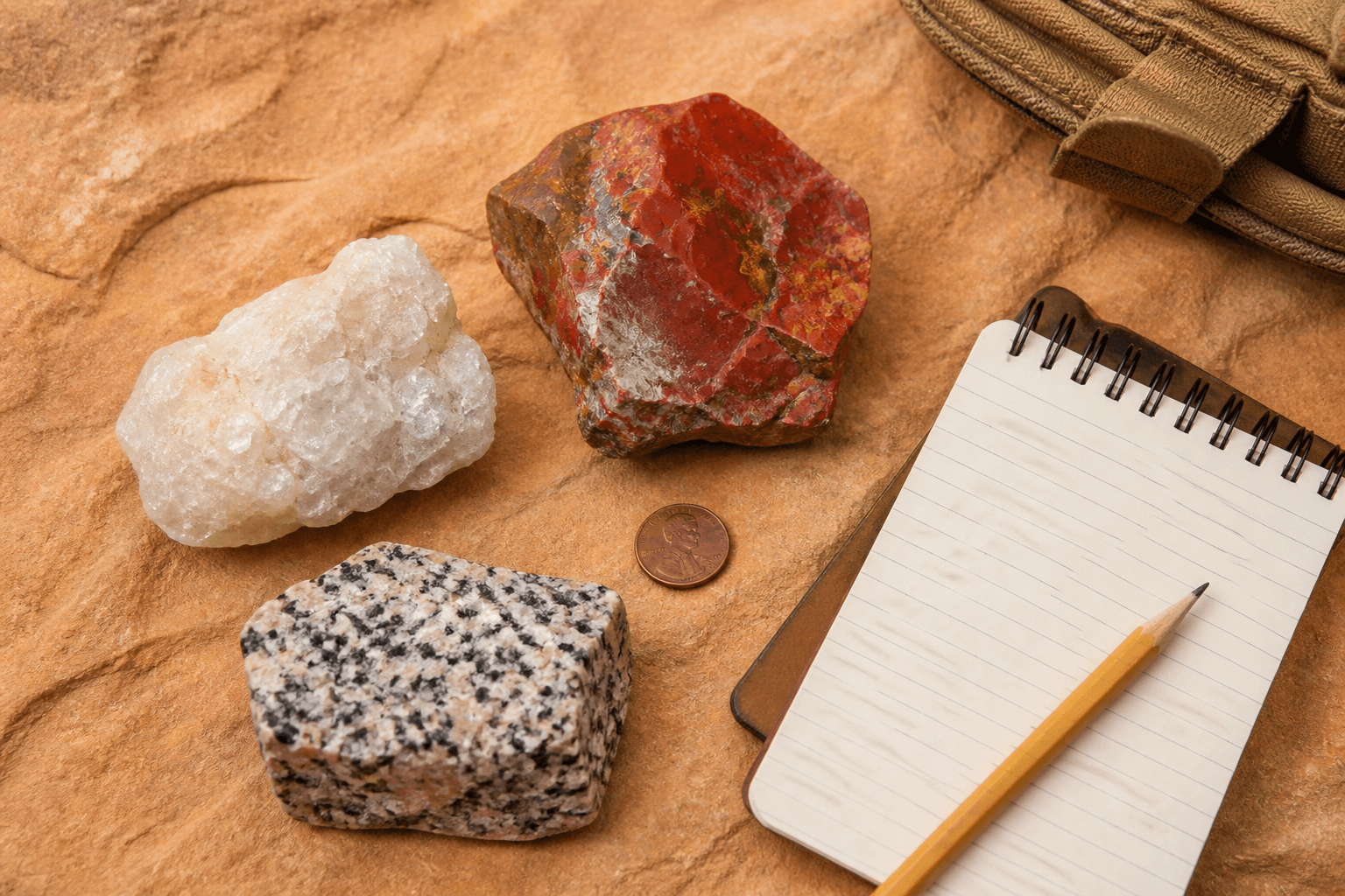 Field kit with rock and stone specimens and a notebook