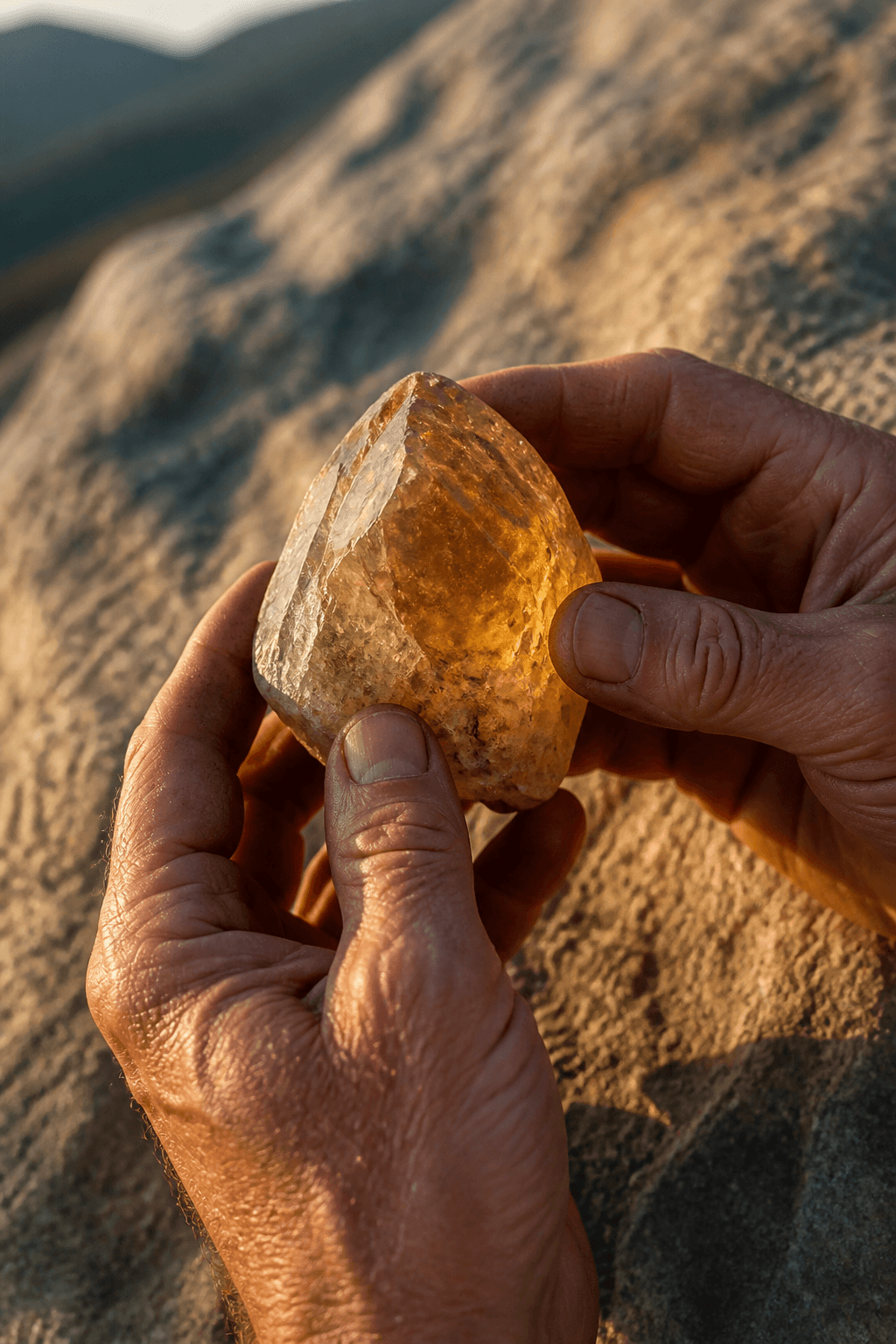 Hands holding a raw stone on granite