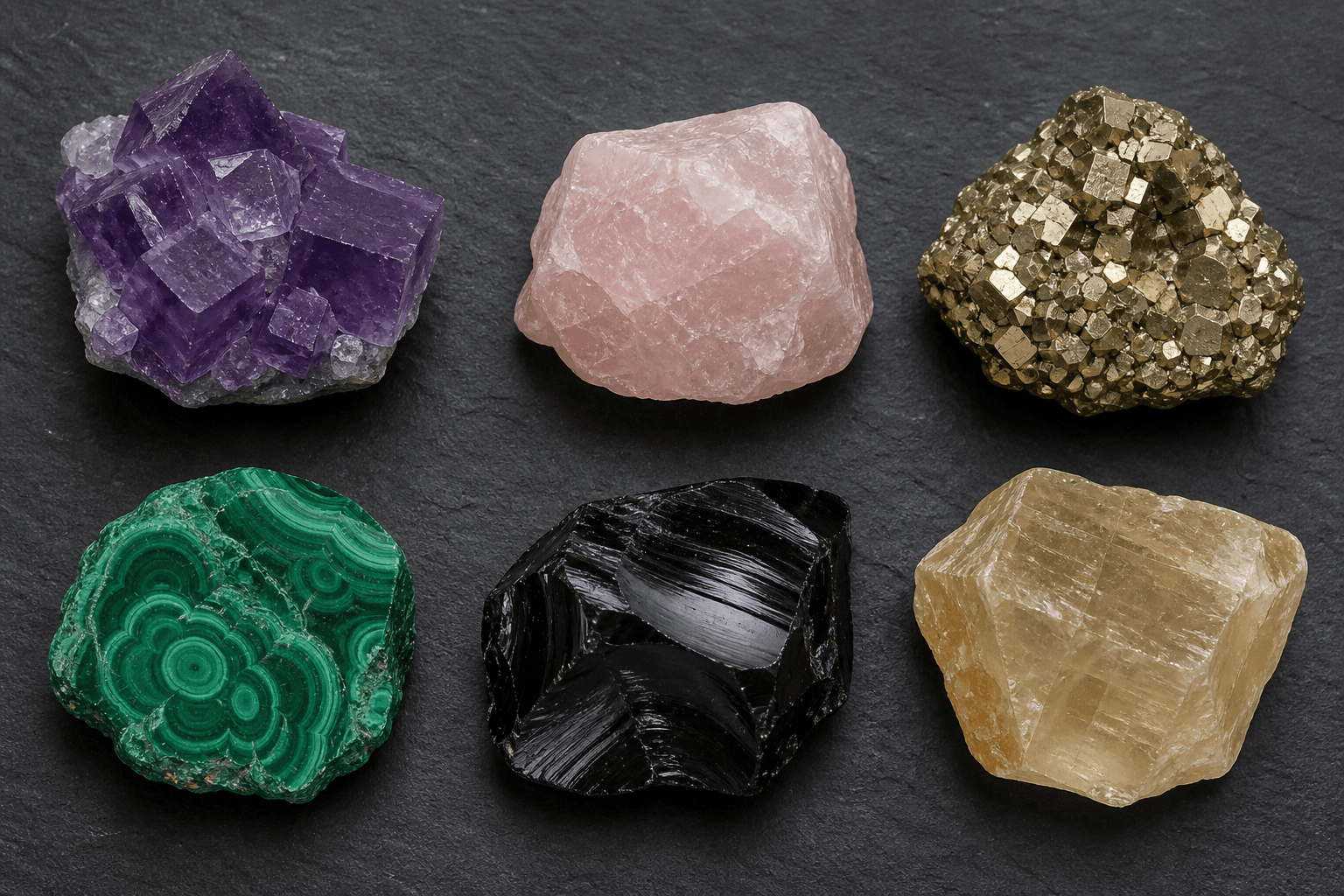 Six rock and stone specimens arranged for comparison